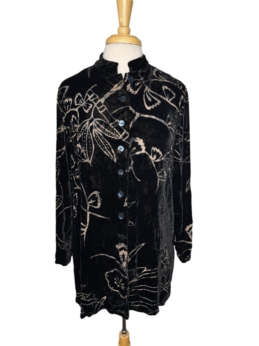 CHICOS DESIGN Velvet Paisley Sheer Beaded Black Blouse Size Small (1) Silk